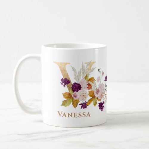 Letter V _ Gold Floral Name sister coworker friend Coffee Mug