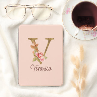 Letter V Gold Monogram Blush Pink Roses Kindle Cover
