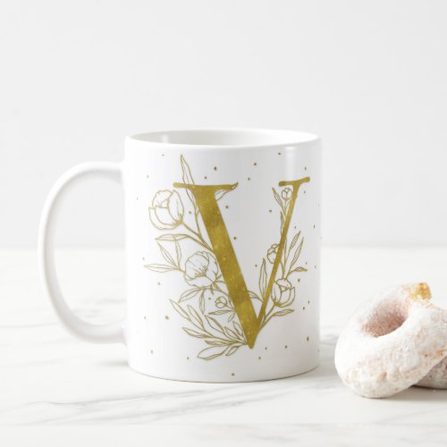 Letter V Gold Monogram Botanical Illustration Coffee Mug