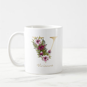 Letter V Gold Monogram Marsala White Florals Coffee Mug