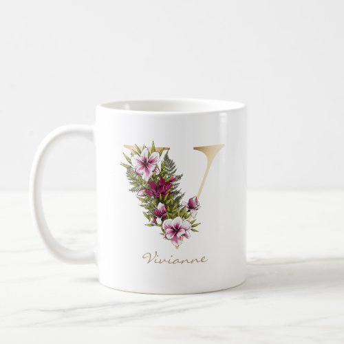 Letter V Gold Monogram Marsala White Florals Coffee Mug