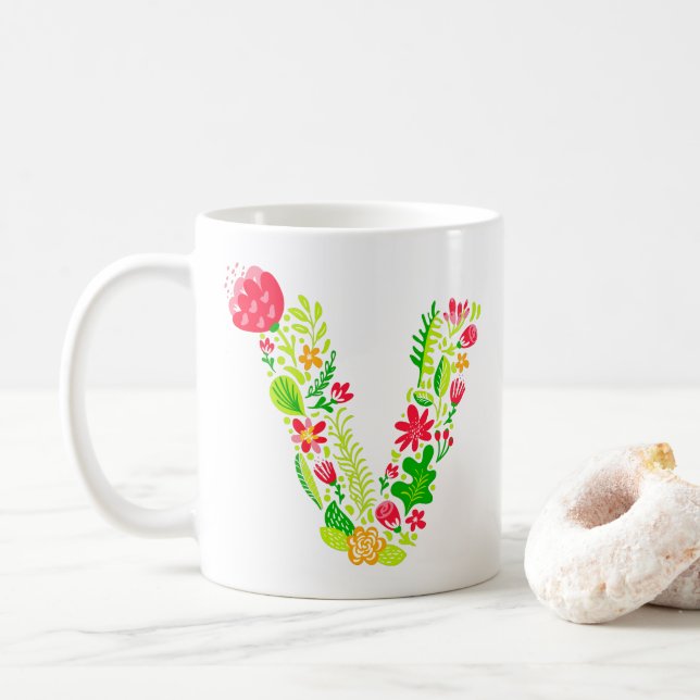 Letter V in Flowers Coffee Mug (With Donut)