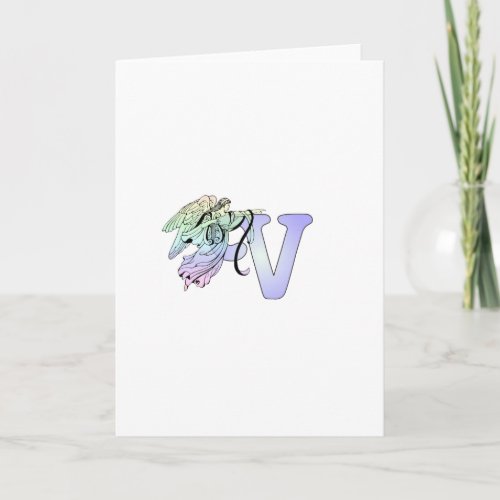 Letter V Initial Monogram Guardian Angel Alphabet Note Card