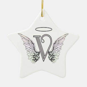 Letter V Initial Monogram with Angel Wings & Halo Ceramic Ornament