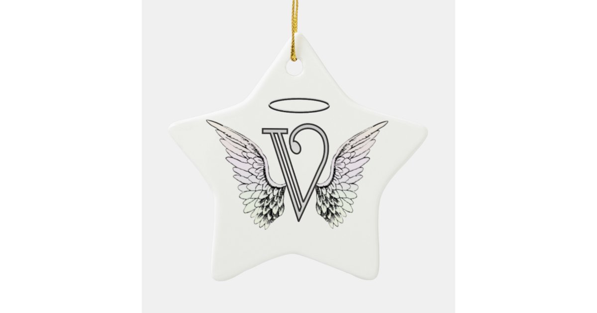Letter V Initial Monogram With Angel Wings Halo Ceramic Ornament