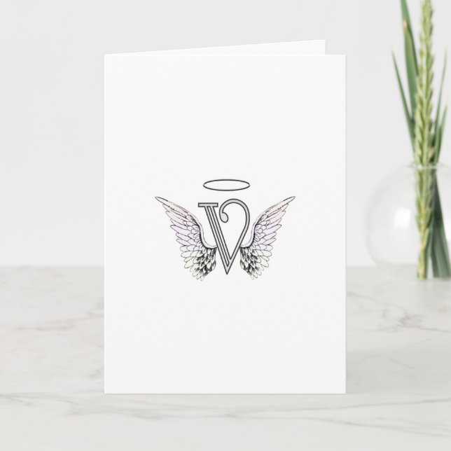 Letter V Initial Monogram with Angel Wings & Halo Note Card (Front)
