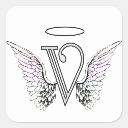 Letter V Initial Monogram with Angel Wings  Halo Square Sticker