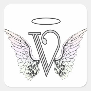 Letter V Initial Monogram with Angel Wings & Halo Square Sticker