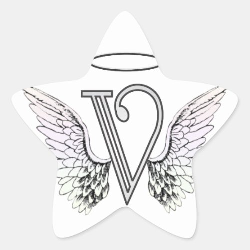 Letter V Initial Monogram with Angel Wings  Halo Star Sticker