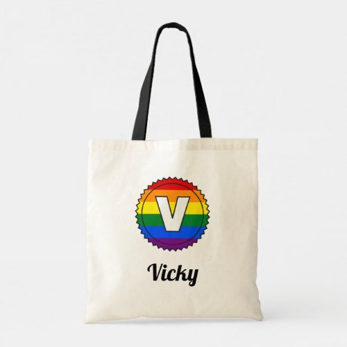 Letter V Initial  Name Gay Pride Rainbow Monogram Tote Bag