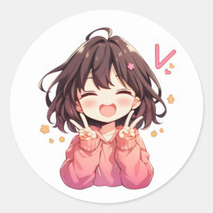 Letter V Kawaii Anime Girl Classic Round Sticker
