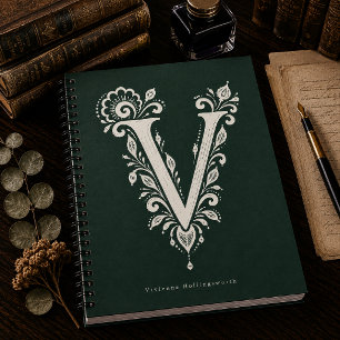 Letter V Linocut Botanical Monogram Notebook