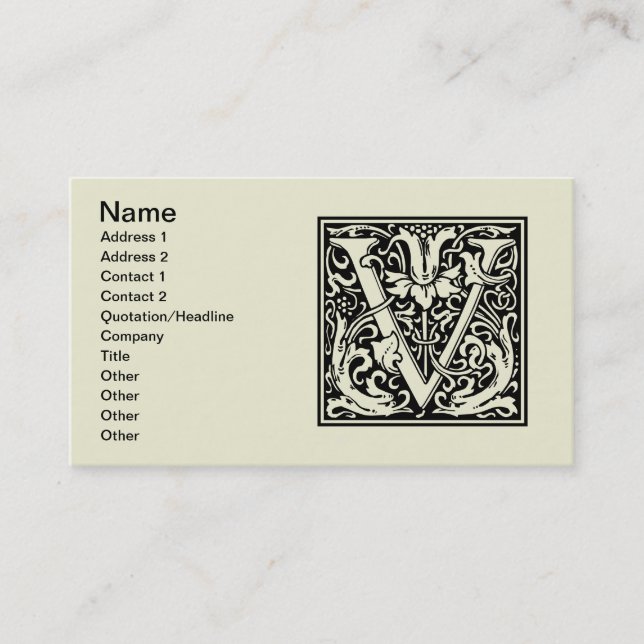 Letter V Medieval Monogram Art Nouveau Business Card (Front)