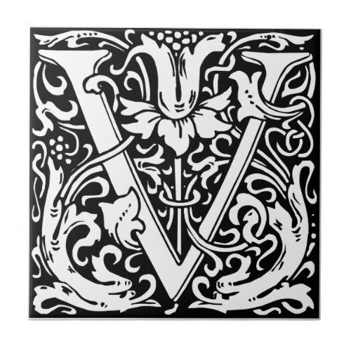 Letter V Medieval Monogram Art Nouveau Ceramic Tile