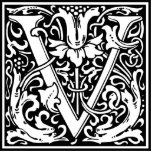 Letter V Medieval Monogram Art Nouveau Cutout<br><div class="desc">This initial V is part of a complete series of upper case William Morris inspired typography initials. The black and white lettering is highly decorative, styled after the fancy typography of the middle ages. Cute and trendy, this is a vintage chic monogram V - letter V- swirly V . Customize...</div>