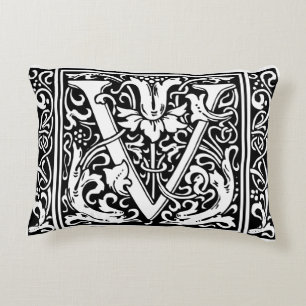 Letter V Medieval Monogram Art Nouveau Decorative Pillow