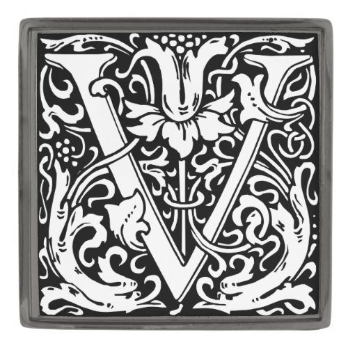 Letter V Medieval Monogram Art Nouveau Gunmetal Finish Lapel Pin