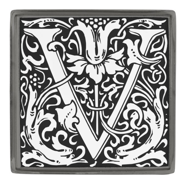 Letter V Medieval Monogram Art Nouveau Gunmetal Finish Lapel Pin (Front)