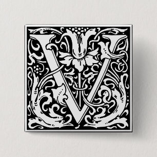 Letter V Medieval Monogram Art Nouveau Pinback Button