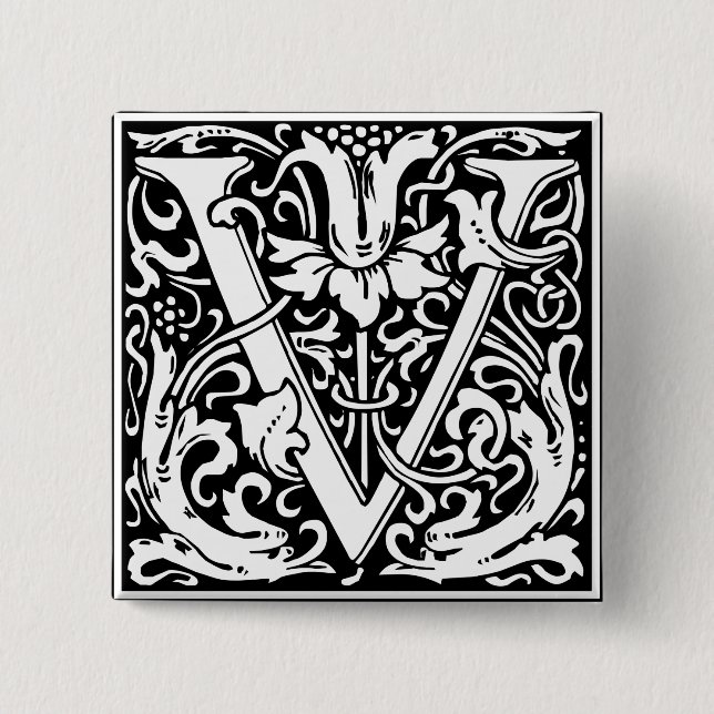 Letter V Medieval Monogram Art Nouveau Pinback Button (Front)