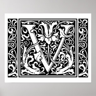 Letter V Medieval Monogram Art Nouveau Poster