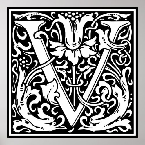 Letter V Medieval Monogram Art Nouveau Poster