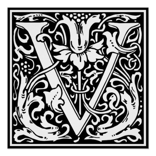 Letter V Medieval Monogram Art Nouveau Poster