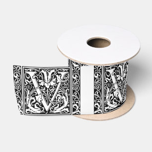Letter V Medieval Monogram Art Nouveau Satin Ribbon
