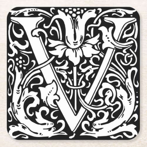 Letter V Medieval Monogram Art Nouveau Square Paper Coaster