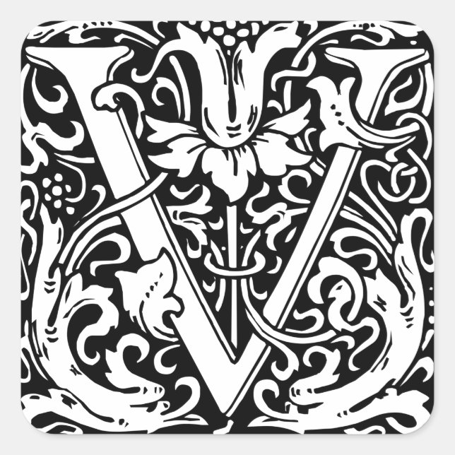 Letter V Medieval Monogram Art Nouveau Square Sticker (Front)