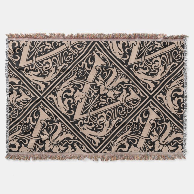 Letter V Medieval Monogram Art Nouveau Throw Blanket (Front)