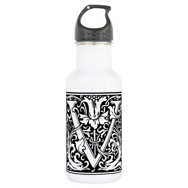 Letter V Medieval Monogram Art Nouveau Water Bottle (Front)