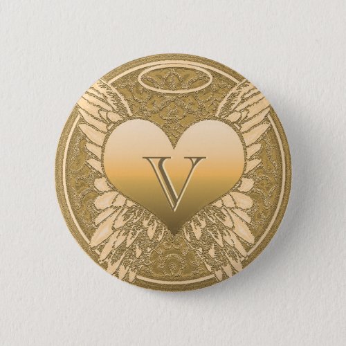 Letter V  Memorial  Angel Heart Pinback Button