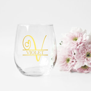 Letter V Monogram Bridesmaid Gift, Modern Elegant Stemless Wine Glass