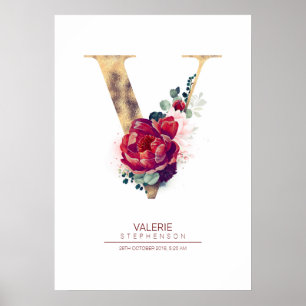 Letter V Monogram Floral Burgundy Red and Gold Poster