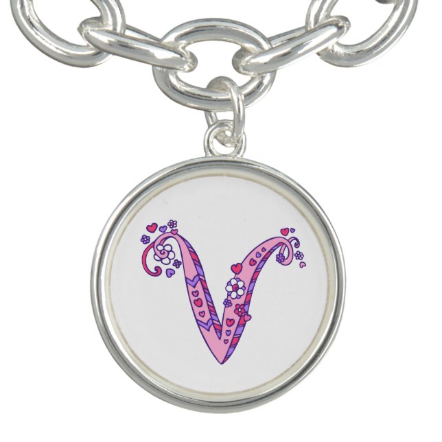 Letter V monogram heart flower pink art charm Bracelet (Design)