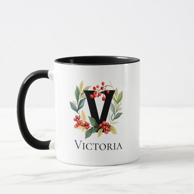 Letter V Monogram Initial Christmas Berry Wreath Mug (Left)