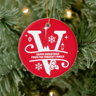 Letter V Monogram Initial Family Name Greeting Ceramic Ornament