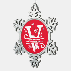 Letter V Monogram Initial Family Name Greeting Snowflake Pewter Christmas Ornament