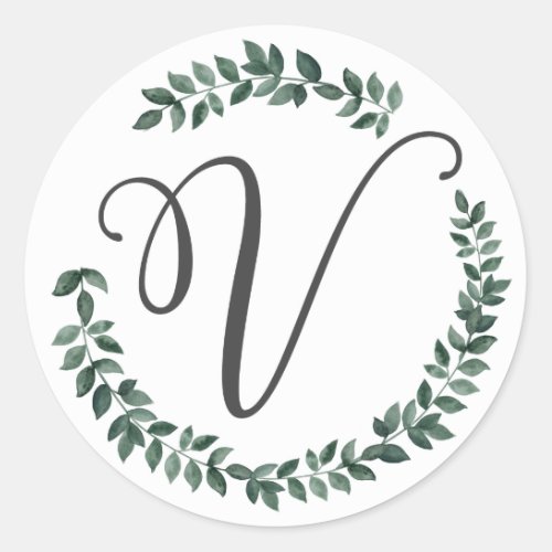 Letter V Monogram Minimalist Botanical Leaf Wreath Classic Round Sticker