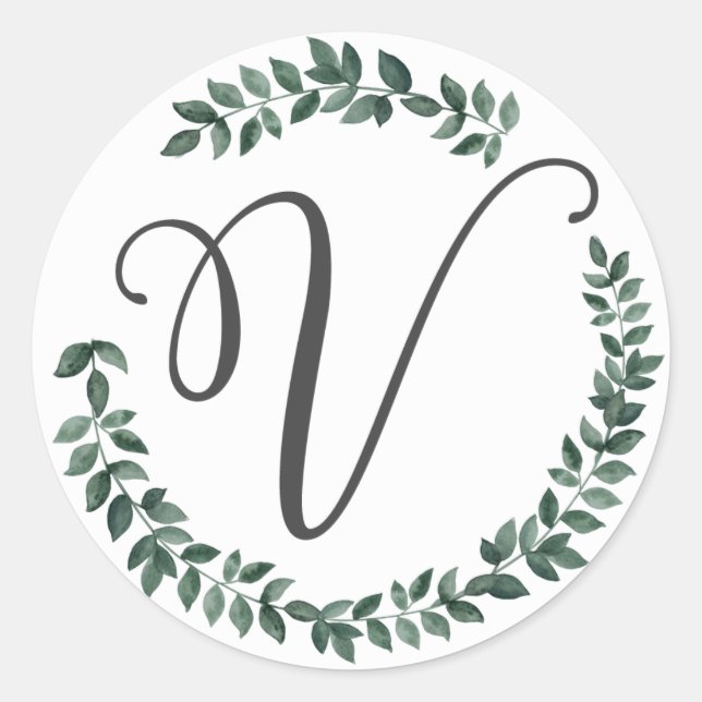 Letter V Monogram Minimalist Botanical Leaf Wreath Classic Round Sticker (Front)