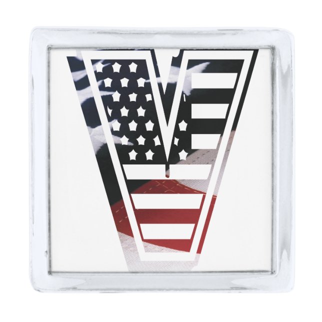 Letter V Monogram USA Flag Fab Fun Abstract Gift Silver Finish Lapel Pin (Front)