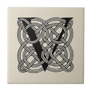 Letter V Monogram Vintage Celtic Knot Print Ceramic Tile