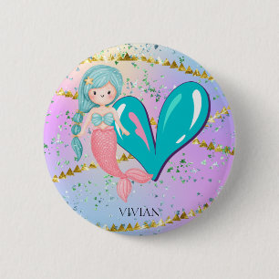 Letter V Monogram Watercolor Cute Mermaid Nursery Button