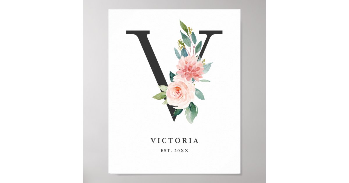 Letter V Monogram Watercolor Peach Florals Nursery Poster Zazzle Com