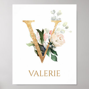 Letter V Monogram white cream rose Nursery Poster