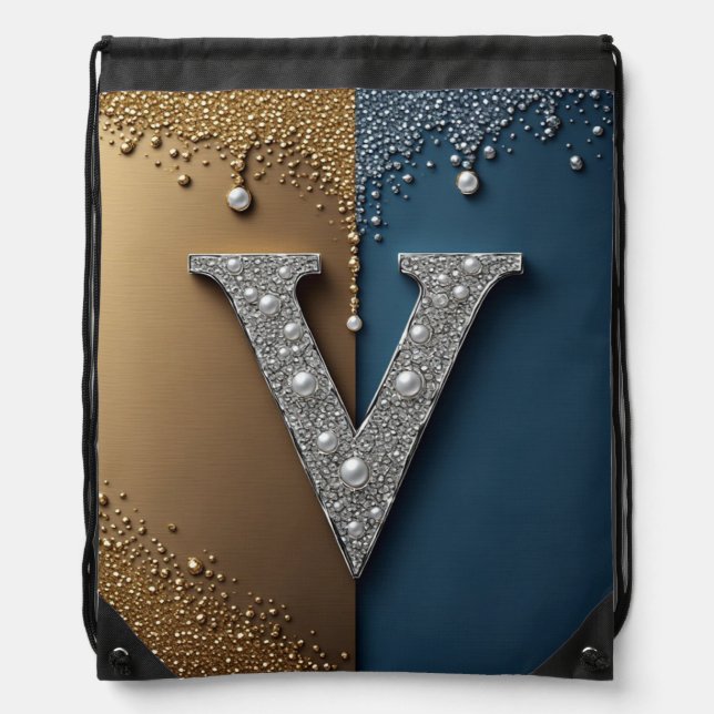 Letter V Monogram With Diamonds Pearls Drawstring Bag (Front)