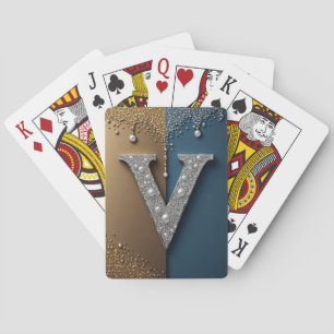 Letter V Monogram With Diamonds Pearls Poker Cards