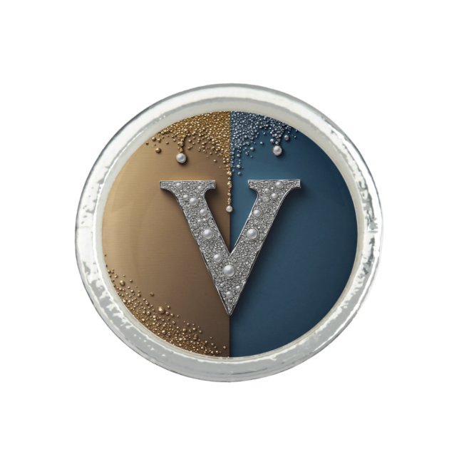 Letter V Monogram With Diamonds Pearls Ring (Front)