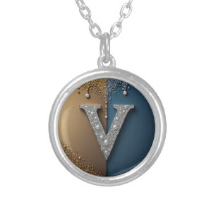 Letter V Monogram With Diamonds Pearls Silver Plated Necklace